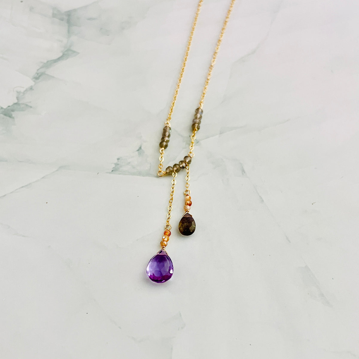 Pink amethyst, labradorite, & sunstone asymmetrical necklace