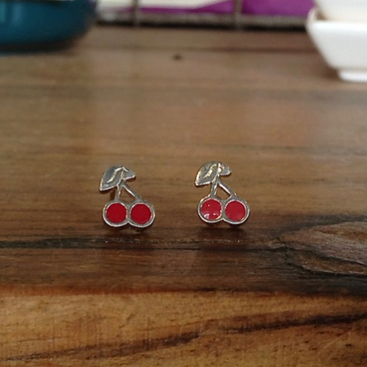 Sterling Silver Enamel Cherry Stud Earrings