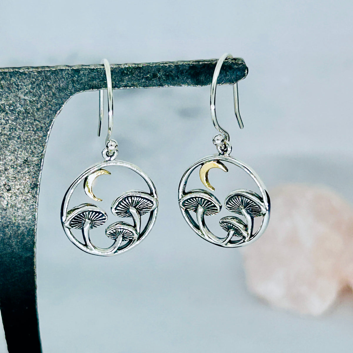 Silver Mushroom Dangle Earrings with Bronze Moon