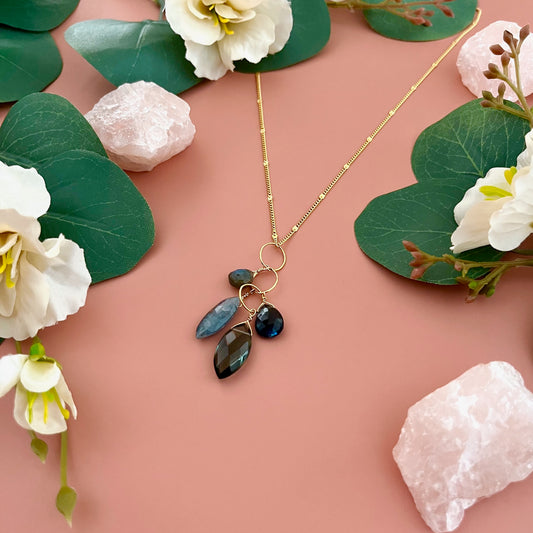 Handmade labradorite, kyanite, & topaz cluster necklace, gold vermeil