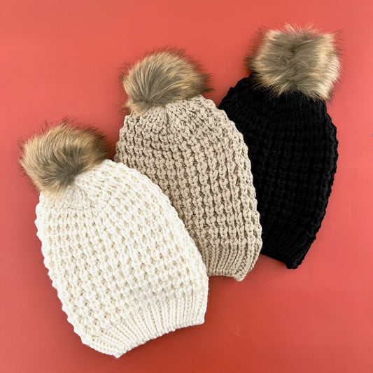 Textured Beanie with Pom Pom
