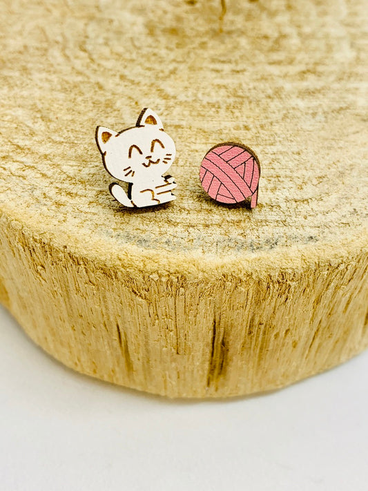 Handmade Cat and Yarn Lasercut Wood Earrings on Sterling Silver Posts