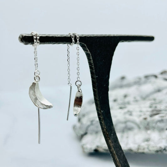 Eclipse Crescent Moon Moonstone Threader Earrings, Silver