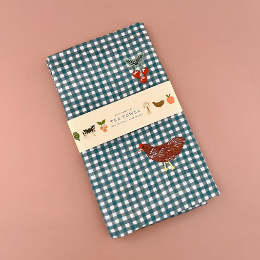 Country Farm Gingham Embroidered Tea Towel