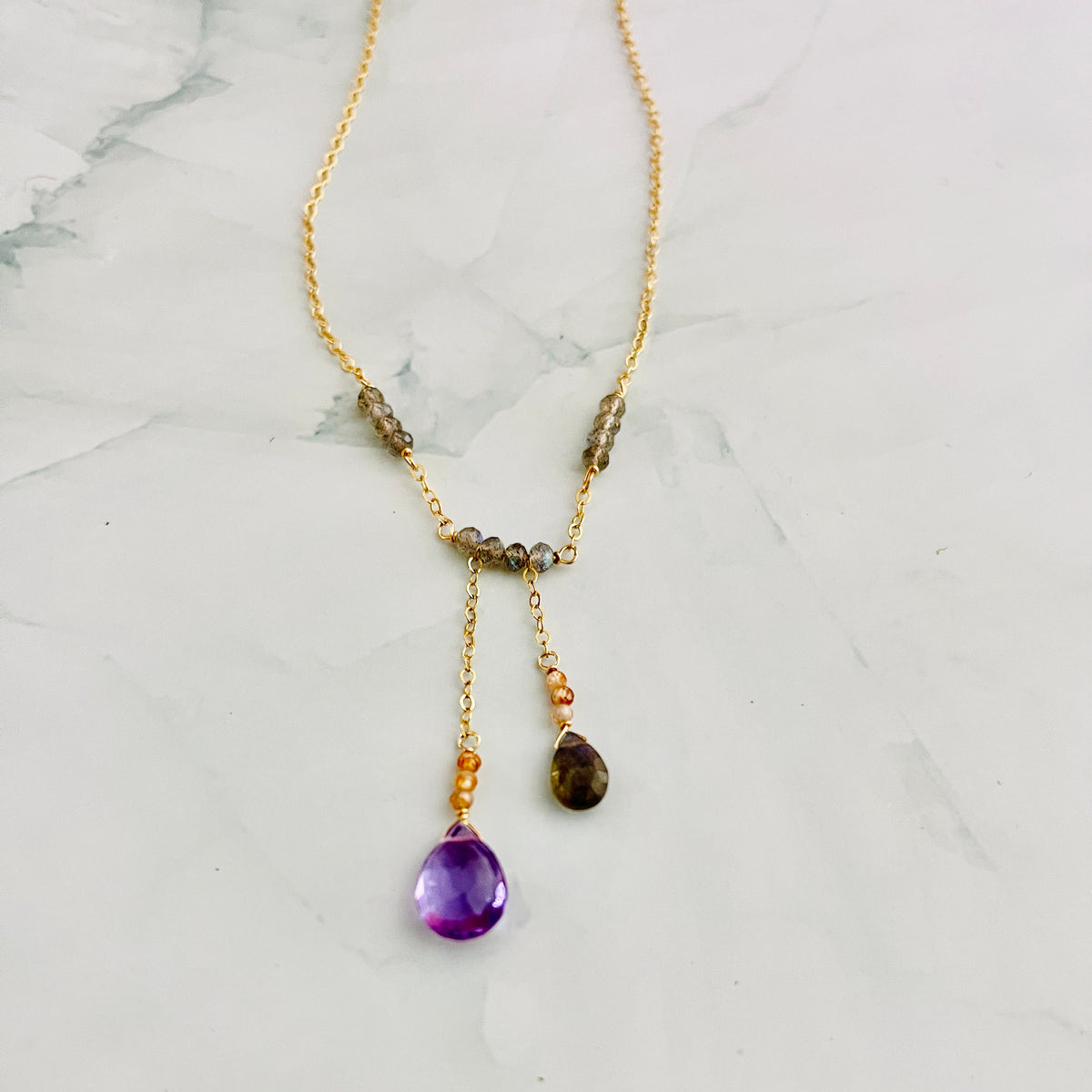 Pink amethyst, labradorite, & sunstone asymmetrical necklace