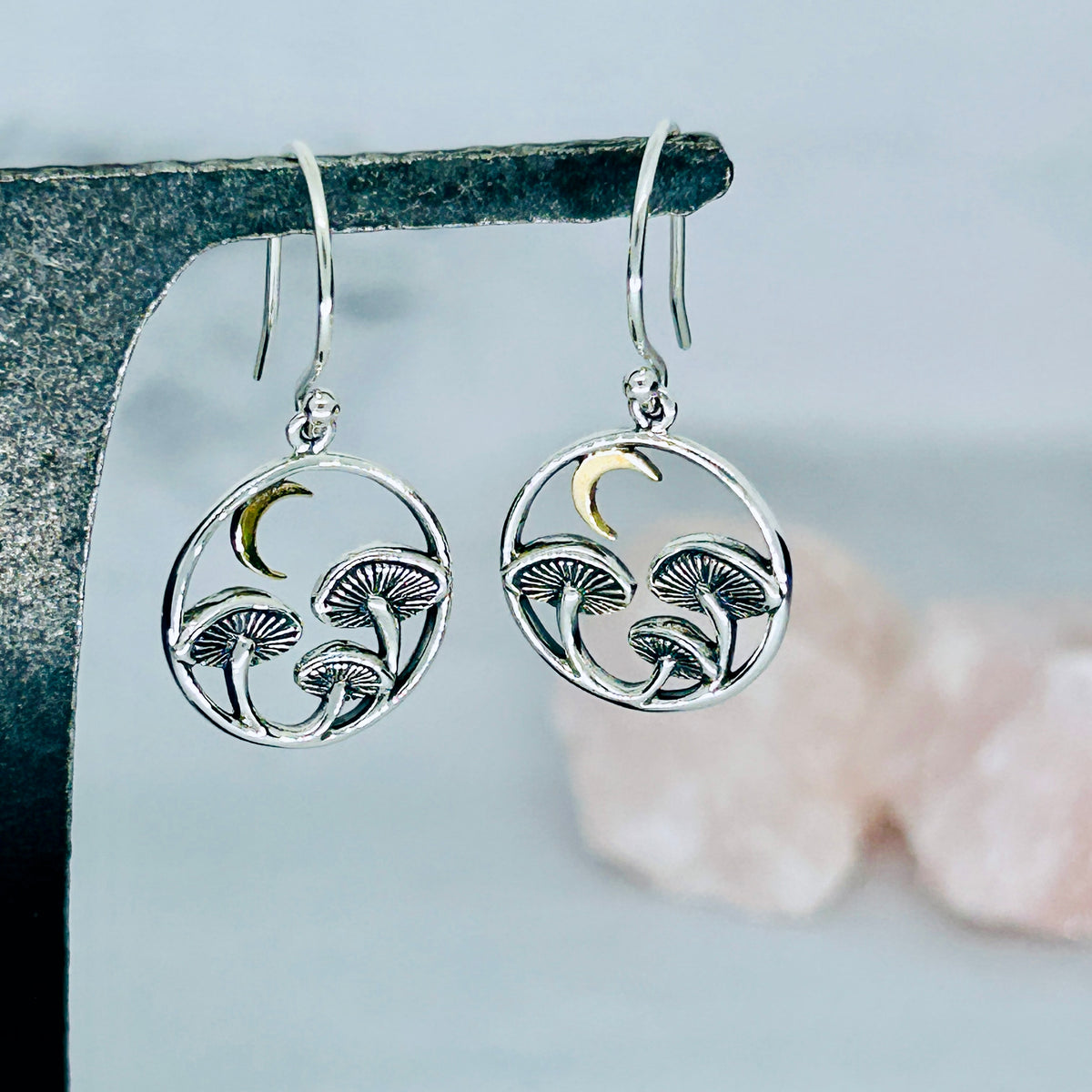 Silver Mushroom Dangle Earrings with Bronze Moon