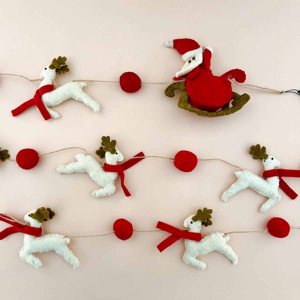 Handmade Wool Felt Santa In Sleigh & Reindeer Garland