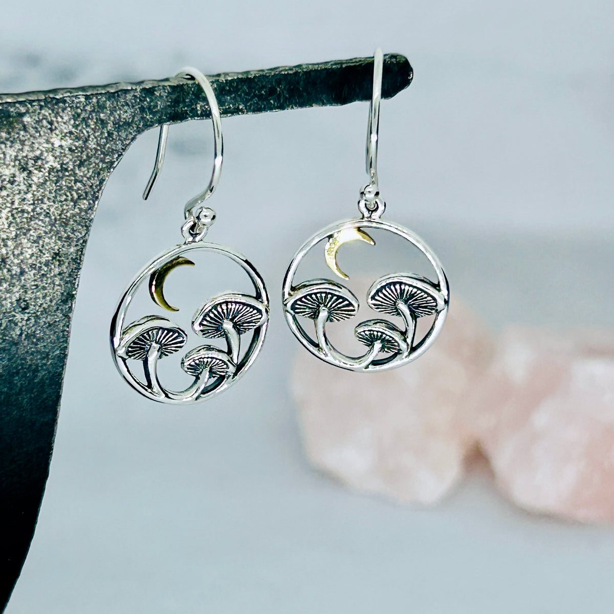 Silver Mushroom Dangle Earrings with Bronze Moon