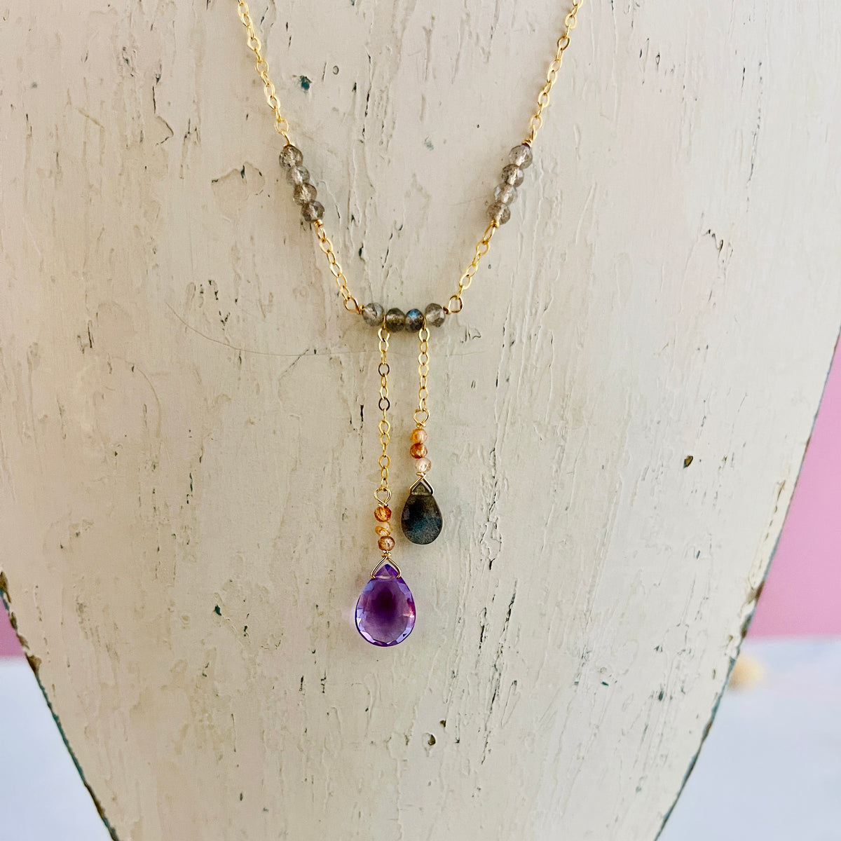 Pink amethyst, labradorite, & sunstone asymmetrical necklace