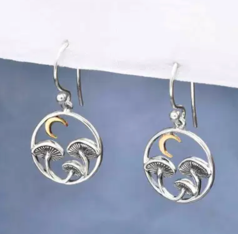 Silver Mushroom Dangle Earrings with Bronze Moon