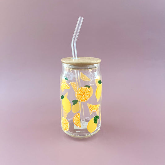 Lemon Lidded Glass Tumbler With Straw