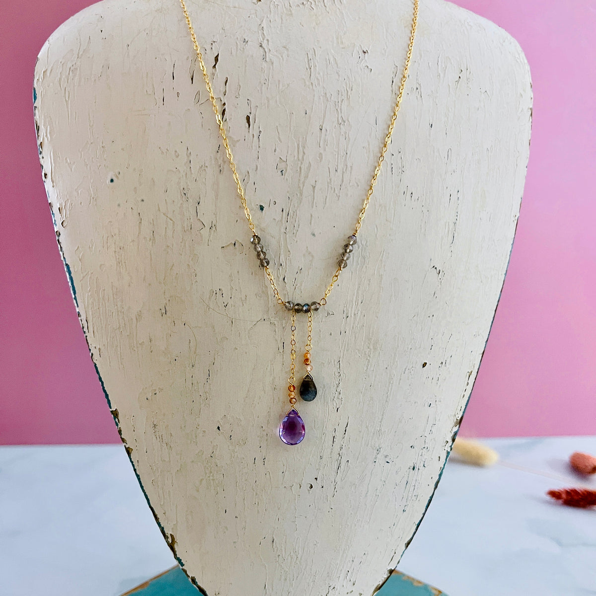 Pink amethyst, labradorite, & sunstone asymmetrical necklace
