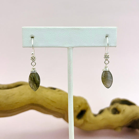 Handmade Earrings with daisy ring, marquis shaped labradorite briolette, 1-1/2"
