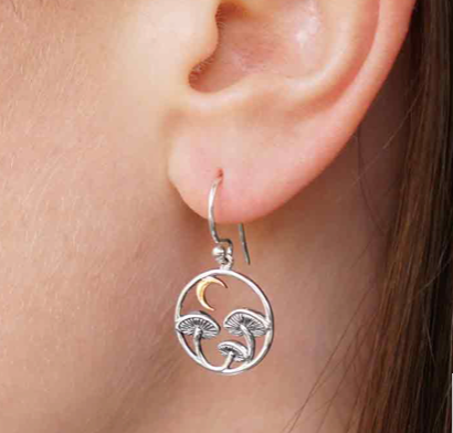 Silver Mushroom Dangle Earrings with Bronze Moon