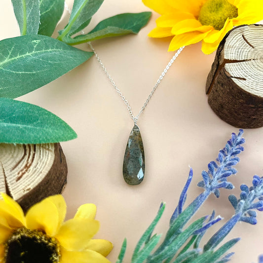 Handmade SS Elongated Black Sunstone Necklace 20"